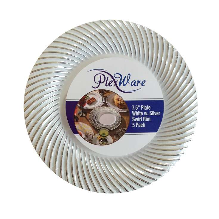 7.5" Round White Plates with Silver Swirl Rim, 5/Pack, 24/Case - 1