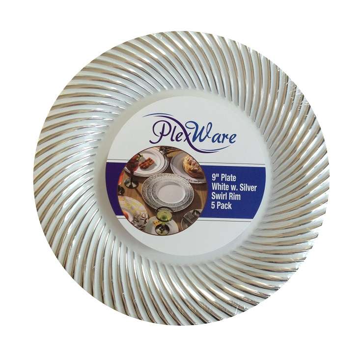 9" Round White Plates with Silver Swirl Rim, 5/Pack, 24/Case - 1