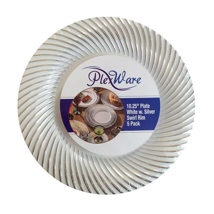 10.25" Round White Plates with Silver Swirl Rim, 5/Pack, 24/Case - 1