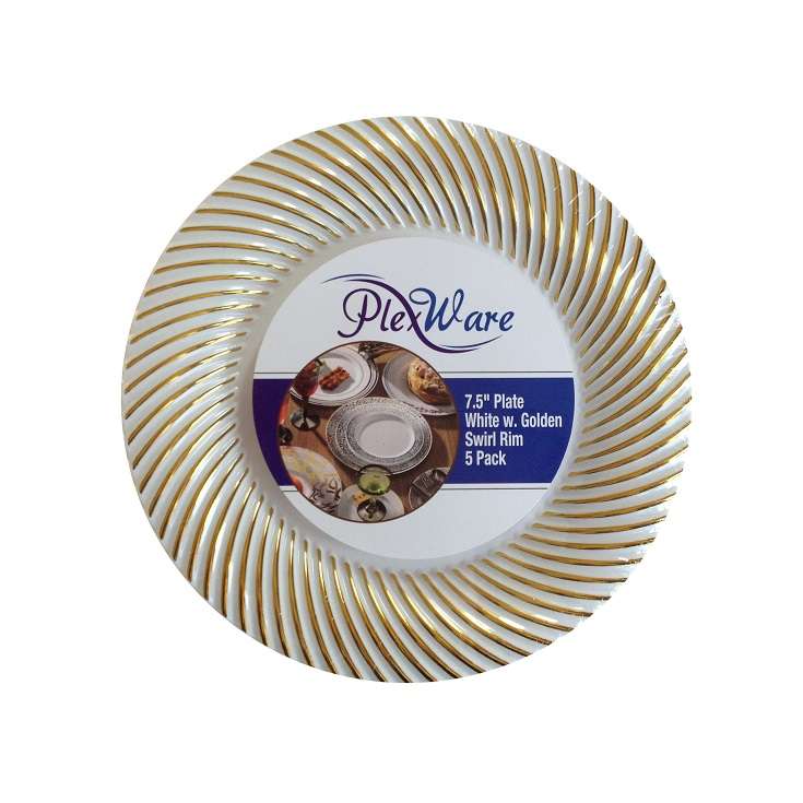 7.5" Round White Plates with Golden Swirl Rim, 5/Pack, 24/Case - 1