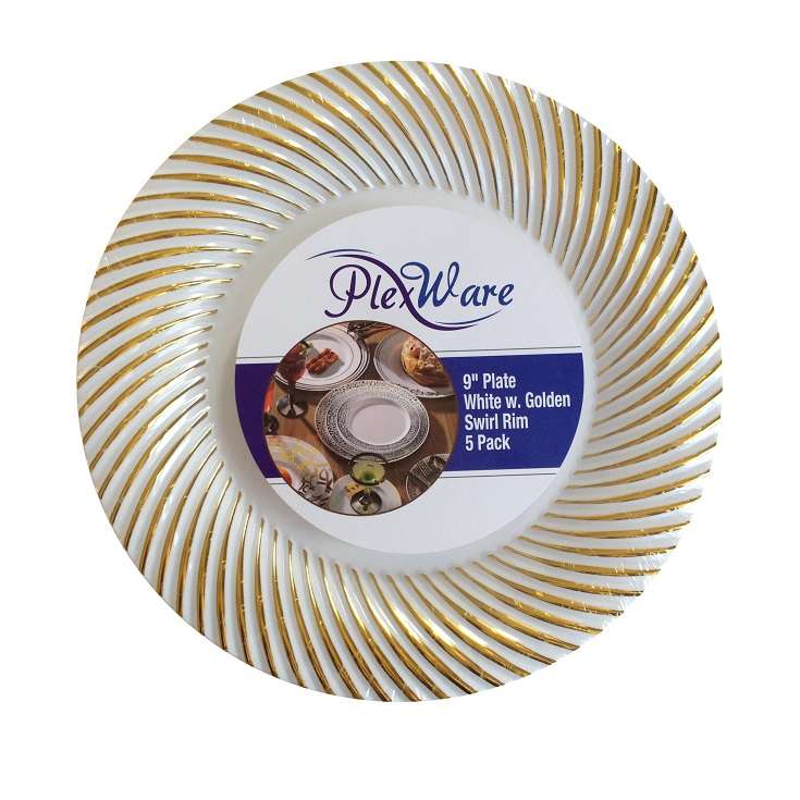 9" Round White Plates with Golden Swirl Rim, 5/Pack, 24/Case - 1