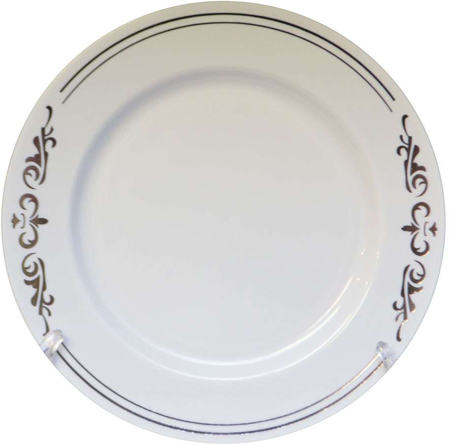 7.5" Round White Plate with Silver Ornament, 10/Pack, 12/Case - 1