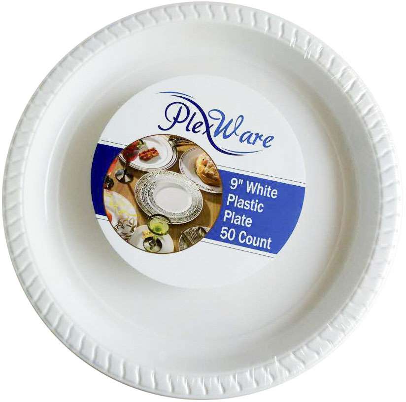 9" Round White Plastic Plates, 50/Pack, 10/Case - 1