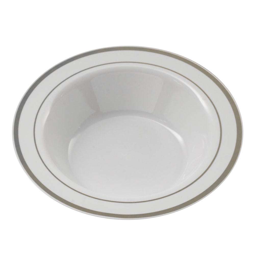 7.5" Round White Bowl with Silver Rim, 10/Pack, 12/Case - 1