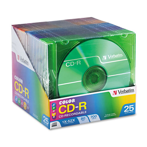 Verbatim - CD-R Discs, 700MB/80min, 52x, Slim Jewel Cases, Assorted Colors, 25/Pack, Sold as 1 PK
