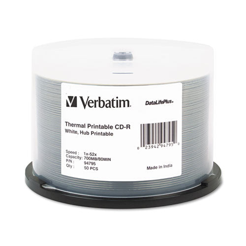 Verbatim - Printable CD-R Discs, 700MB/80min, 52x, Spindle, White, 50/Pack, Sold as 1 PK