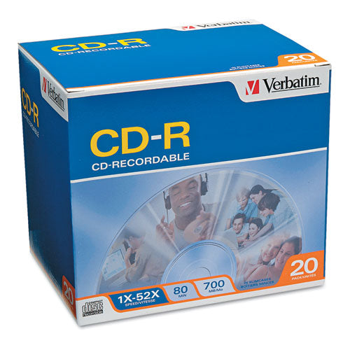 Verbatim - CD-R Discs, 700MB/80min, 52x, w/Slim Jewel Cases, Silver, 20/Pack, Sold as 1 PK
