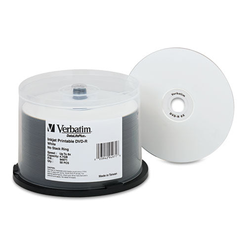 Verbatim - Inkjet Printable DVD-R Discs, 4.7GB, 8x, Spindle, White, 50/Pack, Sold as 1 PK