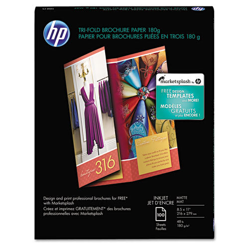 HP - Inkjet Tri-Fold Brochure Paper, 103 Brightness, 48lb, 8-1/2 x 11, White, 100/PK, Sold as 1 PK