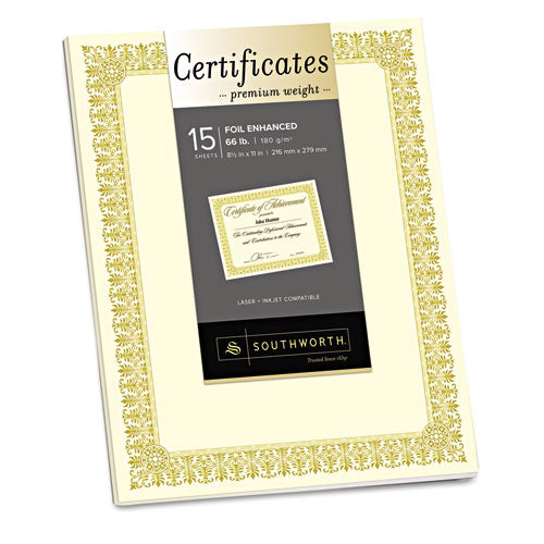 Premium Certificates, Ivory , Fleur Gold Foil Border, 66 lb, 8.5 x 11, 15/Pack, Sold as 1 Package