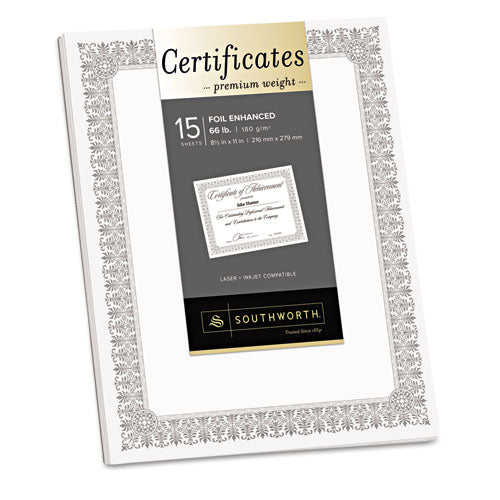 Premium Certificates, White, Fleur Silver Foil Border, 66 lb, 8.5 x 11, 15/Pack, Sold as 1 Package
