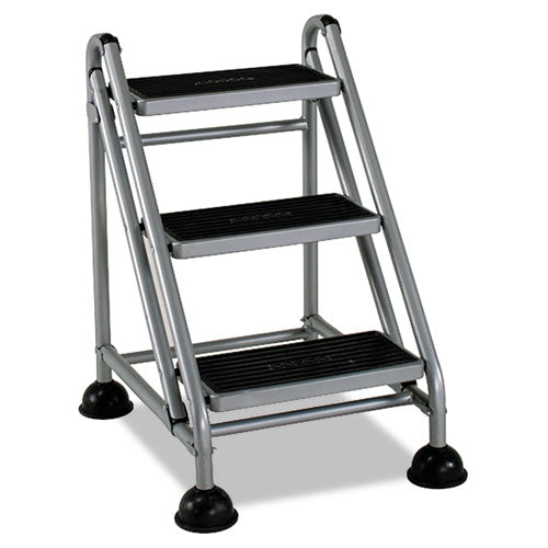 Rolling Commercial Step Stool, 3-Step, 26 3/5 Spread, Platinum/Black, Sold as 1 Each