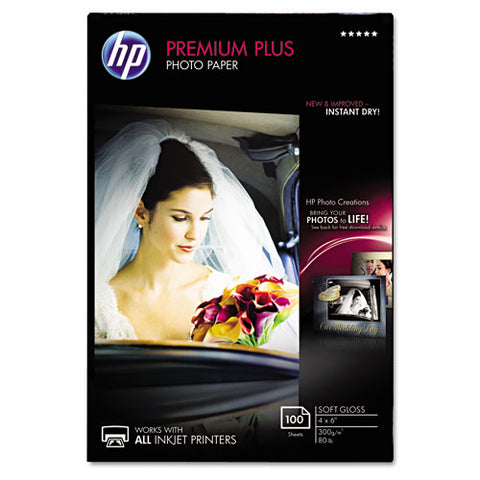 HP - Premium Plus Photo Paper, 80 lbs., Soft-Gloss, 4 x 6, 100 Sheets/Pack, Sold as 1 PK