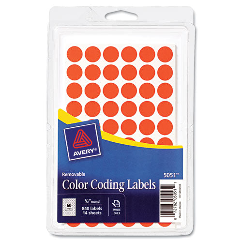 Avery - Removable Self-Adhesive Color-Coding Labels, 1/2in dia, Neon Red, 840/Pack, Sold as 1 PK
