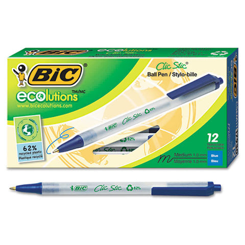 BIC - EcoLutions Clic Stic Ballpoint Retractable Pen, Blue Ink, Medium, Dozen, Sold as 1 DZ