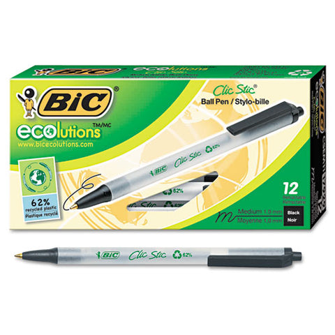 BIC - EcoLutions Clic Stic Ballpoint Retractable Pen, Black Ink, Medium, Dozen, Sold as 1 DZ