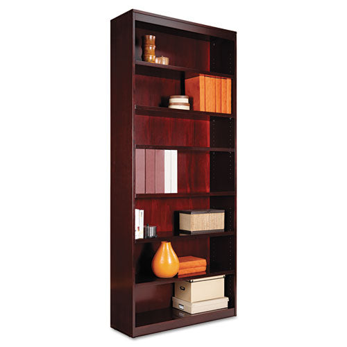 Alera - Square Corner Bookcase, Wood Veneer, 7-Shelf, 35-3/8w x 11-3/4d x 84h, Mahogany, Sold as 1 EA