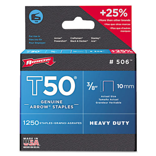 T50 Heavy Duty Staples, 3/8" Leg, 1250/Pack, Sold as 1 Package