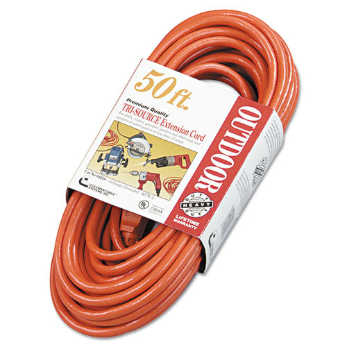 Vinyl Outdoor Extension Cord, 50ft, Three-Outlets, Orange, Sold as 1 Each