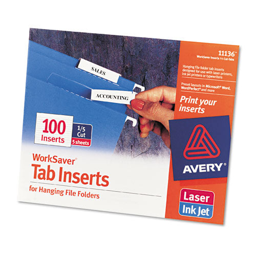 Avery - Printable Inserts for Hanging File Folders, 1/5 Tab, Two Inch, White, 100/Pack, Sold as 1 PK