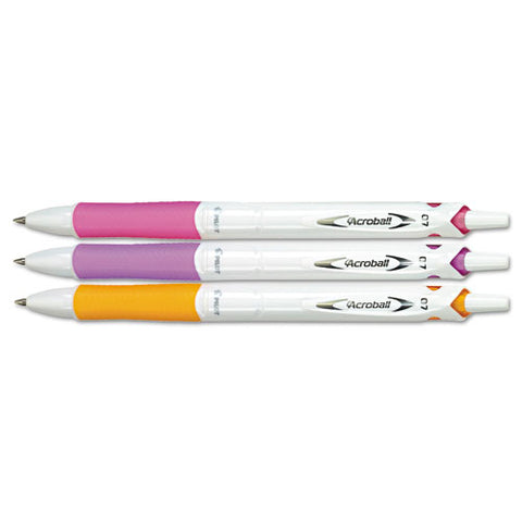 Acroball PureWhite Pen, .7mm, Black Ink, Pink/Purple/Orange Barrel, 3/Pack, Sold as 1 Package