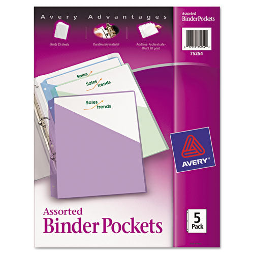 Avery - Ring Binder Polypropylene Pockets, 8-1/2 x 11, Assorted Colors, 5 Pockets/Pack, Sold as 1 PK