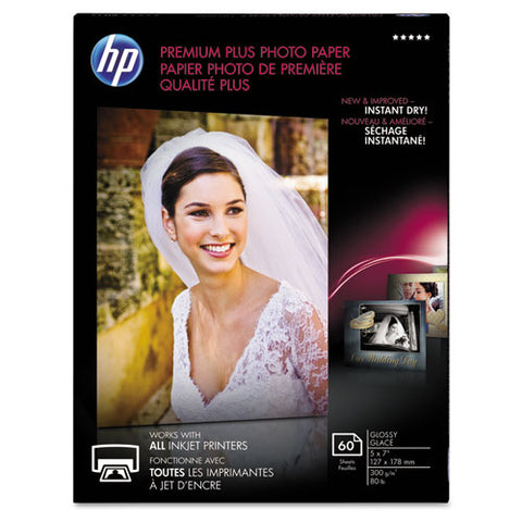 HP - Premium Plus Photo Paper, 80 lbs., Glossy, 5 x 7, 60 Sheets/Pack, Sold as 1 PK