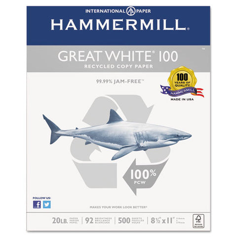 Great White 100 Recycled Copy Paper, 20lb, 8-1/2 x 11, White, 5,000 Sheet/Carton, Sold as 1 Carton, 10 Ream per Carton 