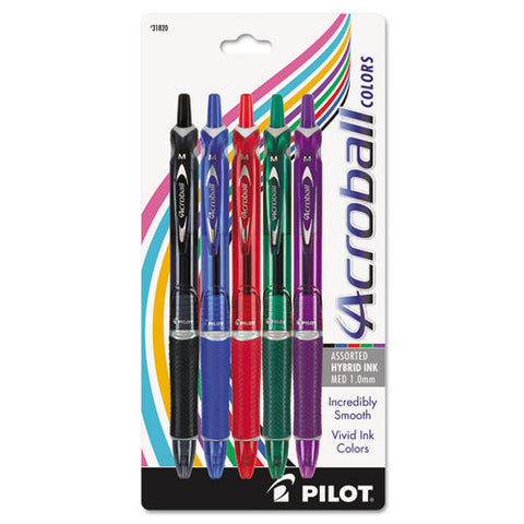 Acroball Colors Ball Point Pen, 1mm, Black/Blue/Green/Purple/Red, 5/Pack, Sold as 1 Package