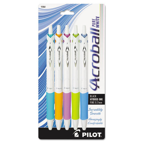 Acroball PureWhite Pen, .7mm, Black Ink, Turq/Orange/Purple/Lime/Blue, 5/Pack, Sold as 1 Package