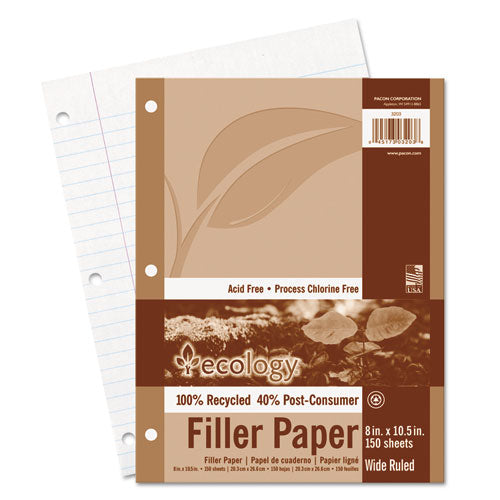 Pacon - Ecology Filler Paper, 16-lb., 8 x 10-1/2, Wide Ruled, White, 150 Sheets/Pack, Sold as 1 PK