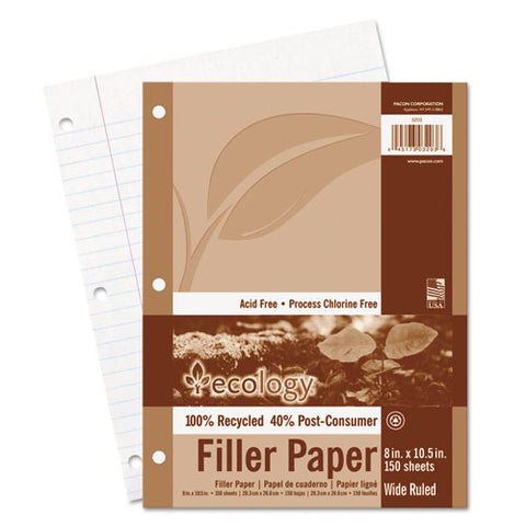 Pacon - Ecology Filler Paper, 16-lb., 8 x 10-1/2, Wide Ruled, White, 150 Sheets/Pack, Sold as 1 PK