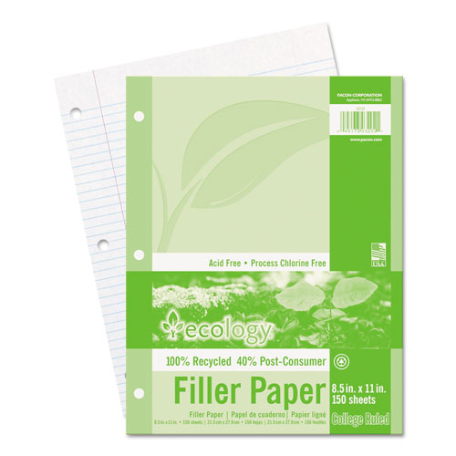 Pacon - Ecology Filler Paper, 16-lb., 8-1/2 x 11, College Ruled, White, 150 Sheets/Pack, Sold as 1 PK