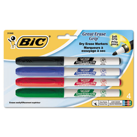 BIC - Great Erase Grip Dry Erase Markers, Fine Point, Assorted, 4/Set, Sold as 1 ST