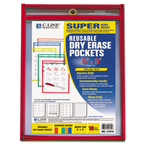 Reusable Dry Erase Pockets, 6 x 9, Assorted Primary Colors, 10/Pack, Sold as 1 Package