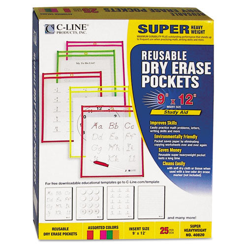 Reusable Dry Erase Pockets, 9 x 12, Assorted Neon Colors, 25/Box, Sold as 1 Box, 25 Each per Box 
