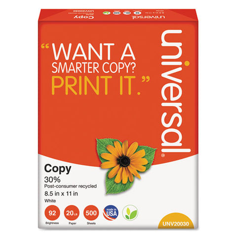 Universal - 30% Recycled Copy Paper, 92 Brightness, 20lb, 8-1/2 x 11, White, 5000/Carton, Sold as 1 CT
