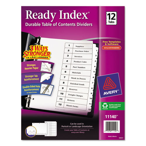Avery - Ready Index Classic Tab Titles, 12-Tab, 1-12, Letter, Black/White, 12/Set, Sold as 1 ST