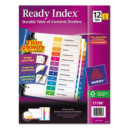 Avery - Ready Index Contemporary Contents Divider, 1-12, Multicolor, Letter, 6 Sets, Sold as 1 PK