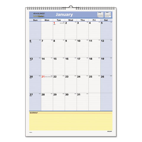 AT-A-GLANCE - QuickNotes Recycled  Wall Calendar, 12-inch x 17-inch, Sold as 1 EA