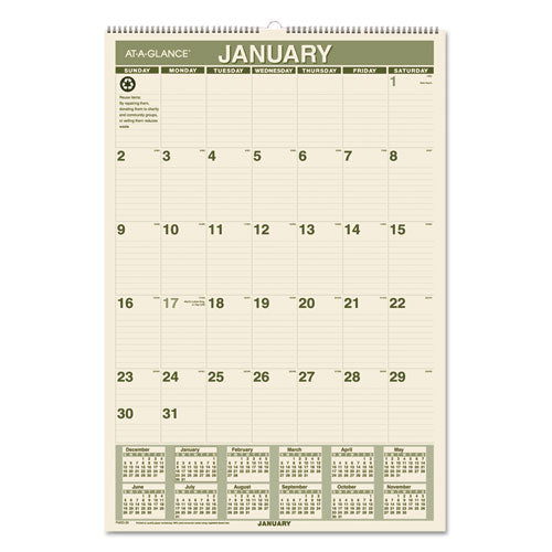 AT-A-GLANCE - Recycled Monthly Wall Calendar, 15 1/2-inch x 22 3/4-inch, Sold as 1 EA