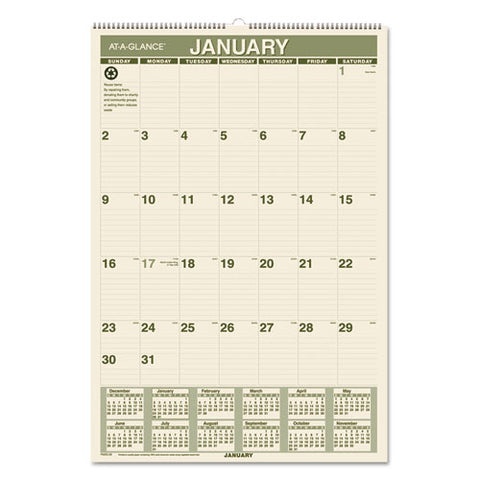 AT-A-GLANCE - Recycled Monthly Wall Calendar, 15 1/2-inch x 22 3/4-inch, Sold as 1 EA