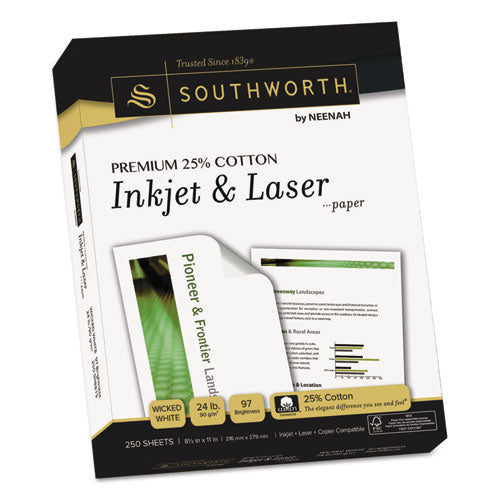 Premium 25% Cotton Inkjet/Laser Paper, White, 97 Bright, 24lb, Letter, 250/Pack, Sold as 1 Package