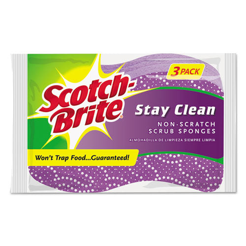Stay Clean Non-Scratch Scrub Sponges, 3 3/16 x 7/8 x 4 3/4, Purple, 3/Pack, Sold as 1 Package