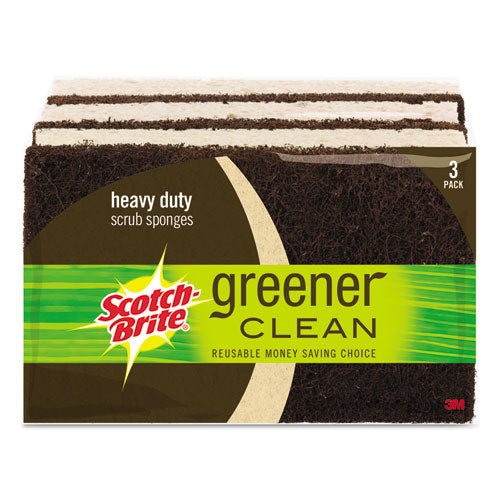 Greener Clean Heavy-Duty Scrub Sponge, 2 7/10 x .75 x 4 3/5, Brown, 3/Pack, Sold as 1 Package