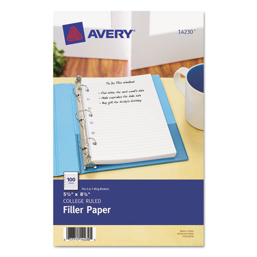 Mini Binder Filler Paper, 5-1/2 x 8 1/2, 7-Hole Punch, College Rule, 100/Pack, Sold as 1 Package