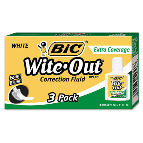 BIC - Wite-Out Extra Coverage Correction Fluid, 20 ml Bottle, White, 3/Pack, Sold as 1 PK