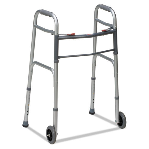 Two-Button Release Folding Walker with Wheels, Silver/Gray, Aluminum, 32-38"H, Sold as 1 Each