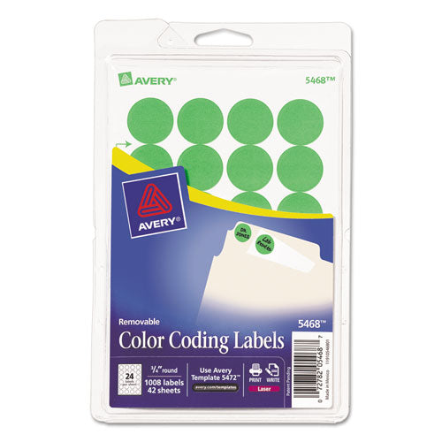 Avery - Print or Write Removable Color-Coding Labels, 3/4in dia, Neon Green, 1008/Pack, Sold as 1 PK