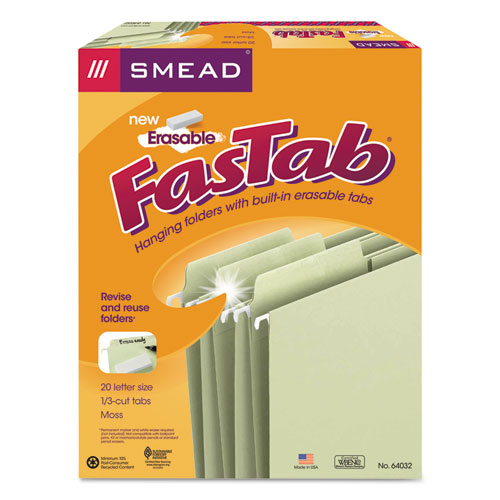 Erasable FasTab Hanging Folders, 1/3-Cut, Letter, 11 Point Stock, Moss, 20/Box, Sold as 1 Box, 20 Each per Box 